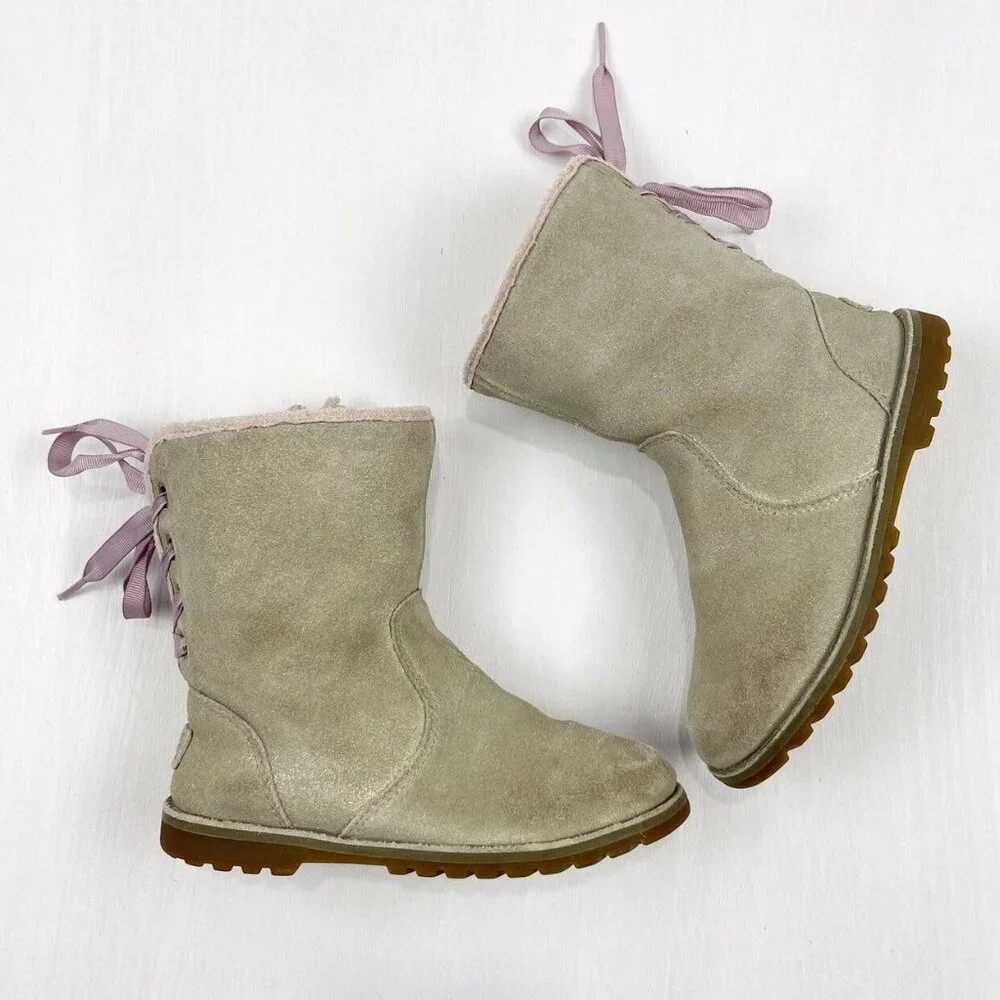 UGG Corene Metallic Suede Lace-up Boots in Gold 11 (Kids)